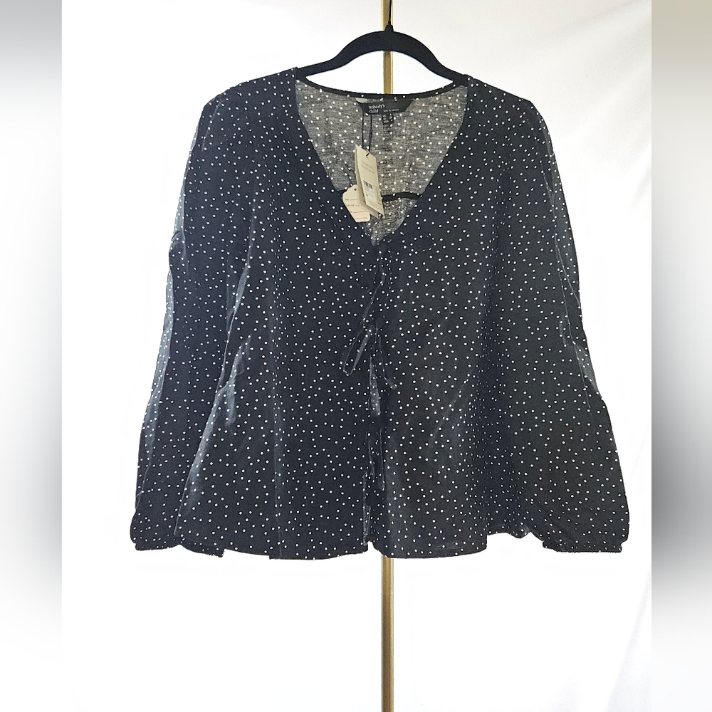 Nobody’s Child Bernadetta Micro Spot Tie-Front Blouse Black White